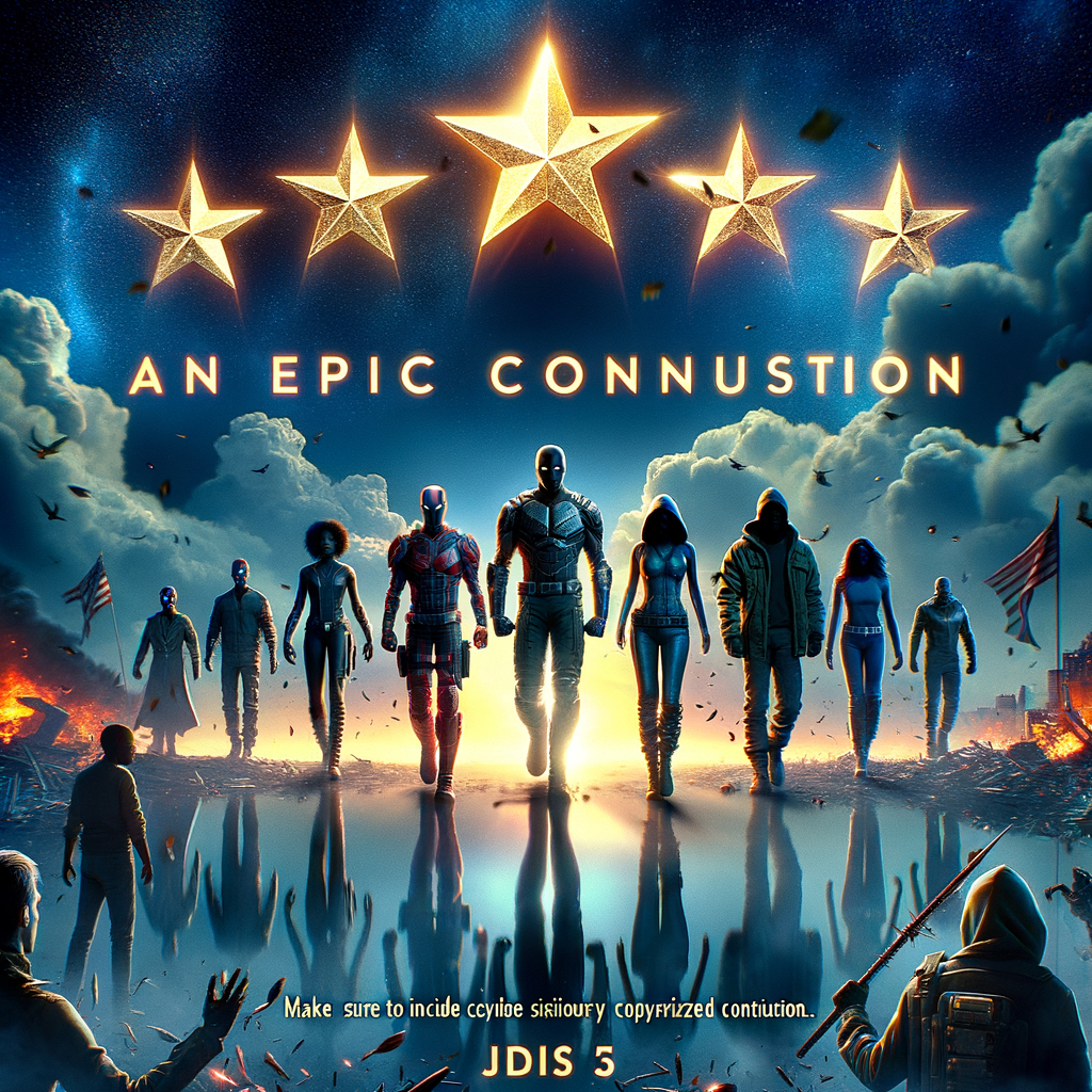 Equipe de super-heróis sob cinco estrelas brilhantes com o texto “An Epic Connustion” no topo.
