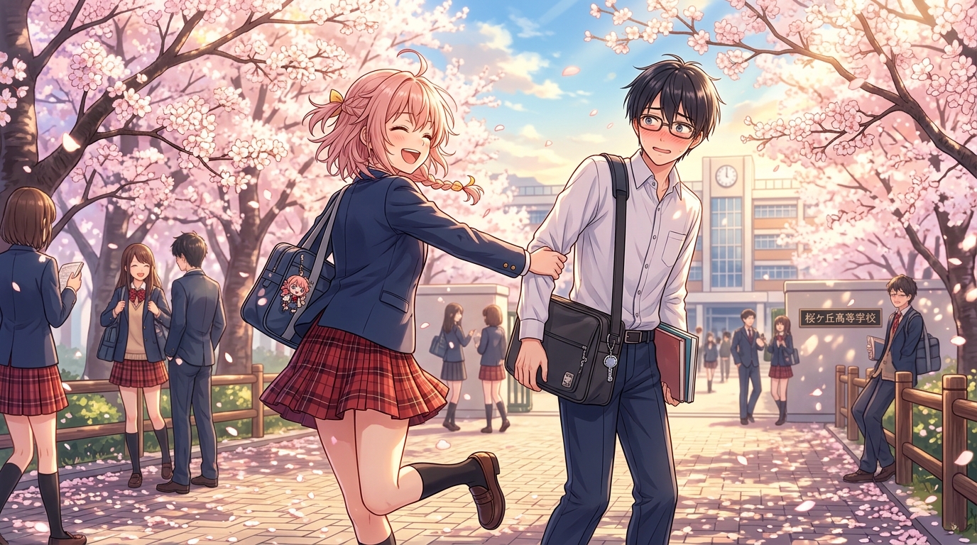 Girl pulling boy school pathway 202604281902